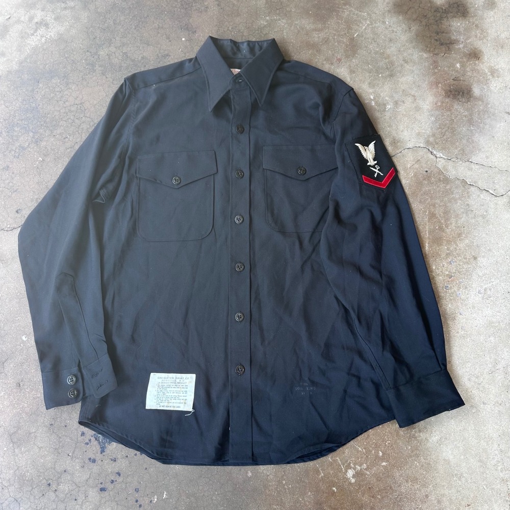 Creighton Shirt Co Military Button Up Men 16-33 Black Good US Navy Patch Anchor